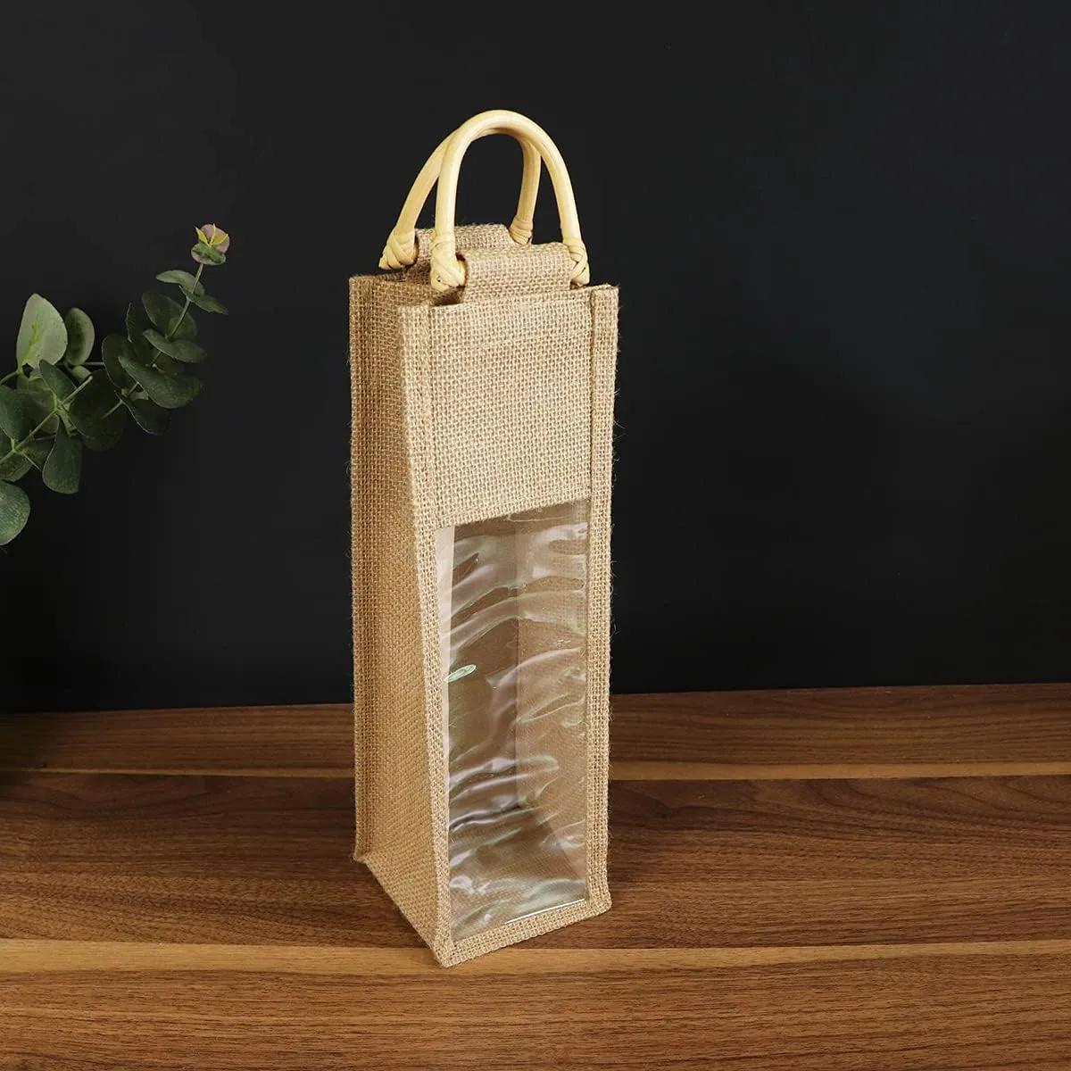 Eco-Friendly Burlap Wine Bottle Bag With Cane Handle - Jute Tote for Gift Packaging, Candy, Christmas Holiday Decorations (Single Bottle)