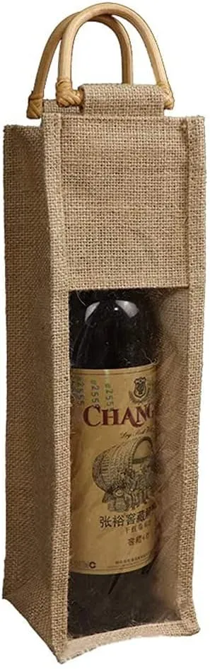 Eco-Friendly Burlap Wine Bottle Bag With Cane Handle - Jute Tote for Gift Packaging, Candy, Christmas Holiday Decorations (Single Bottle)