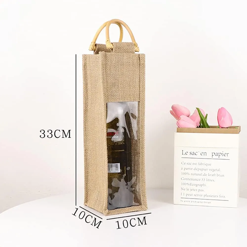Eco-Friendly Burlap Wine Bottle Bag With Cane Handle - Jute Tote for Gift Packaging, Candy, Christmas Holiday Decorations (Single Bottle)