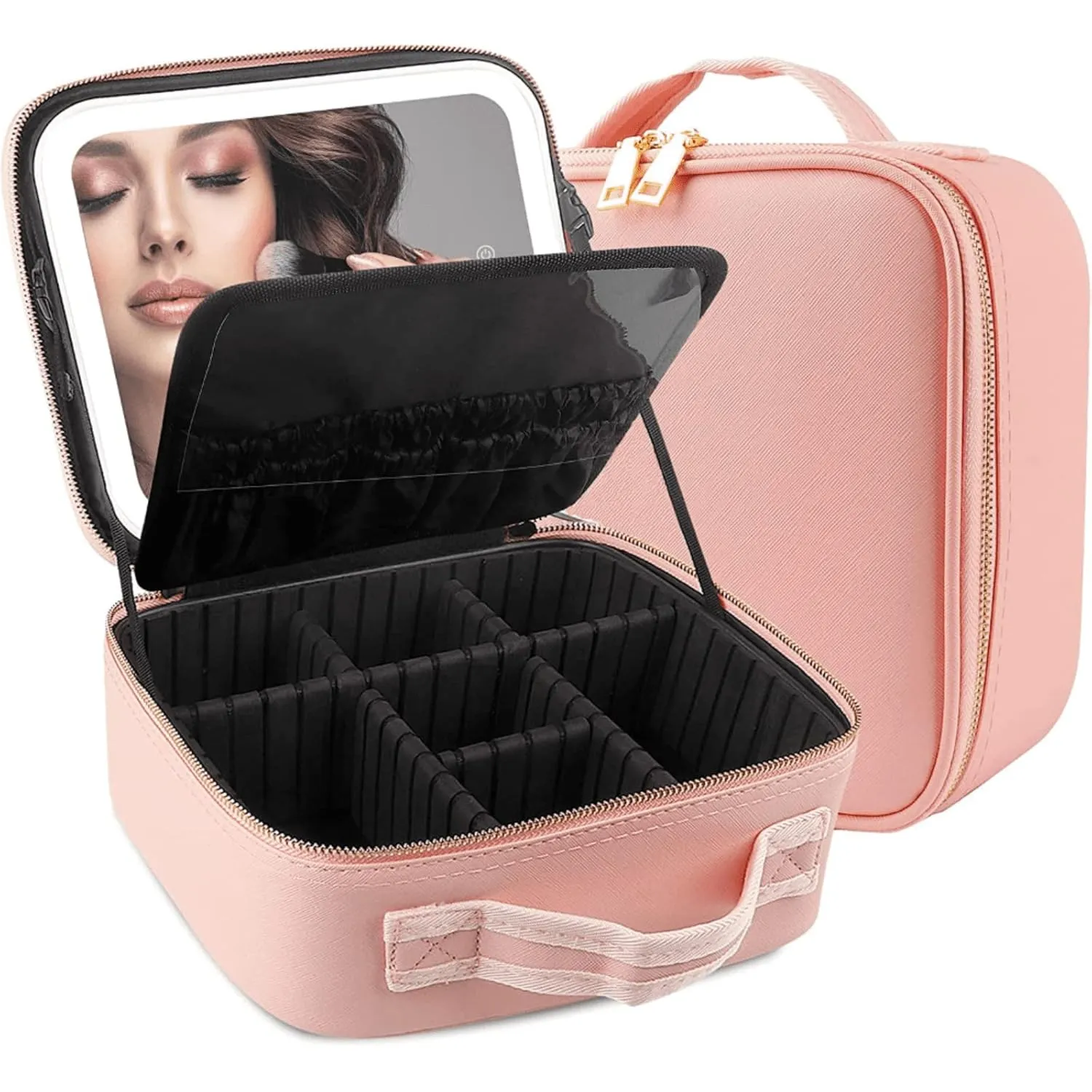 EGEN Makeup Travel Case with Lights Mirror Cosmetic Bag Makeup Train Case Waterproof Adjustable Dividers Organizer for Women Business Home (Pink)