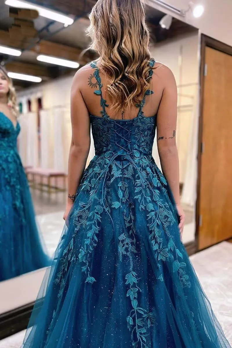 Eightale Tulle Lace Appliques Sparkly Prom Dresses A Line with Slit V Neck Formal Party Dress