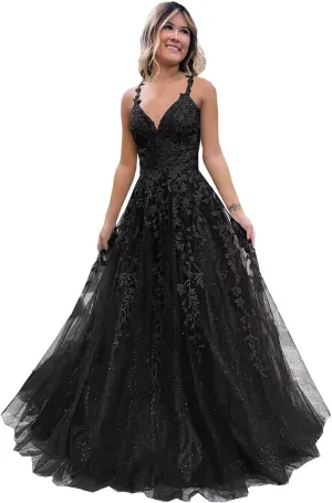Eightale Tulle Lace Appliques Sparkly Prom Dresses A Line with Slit V Neck Formal Party Dress