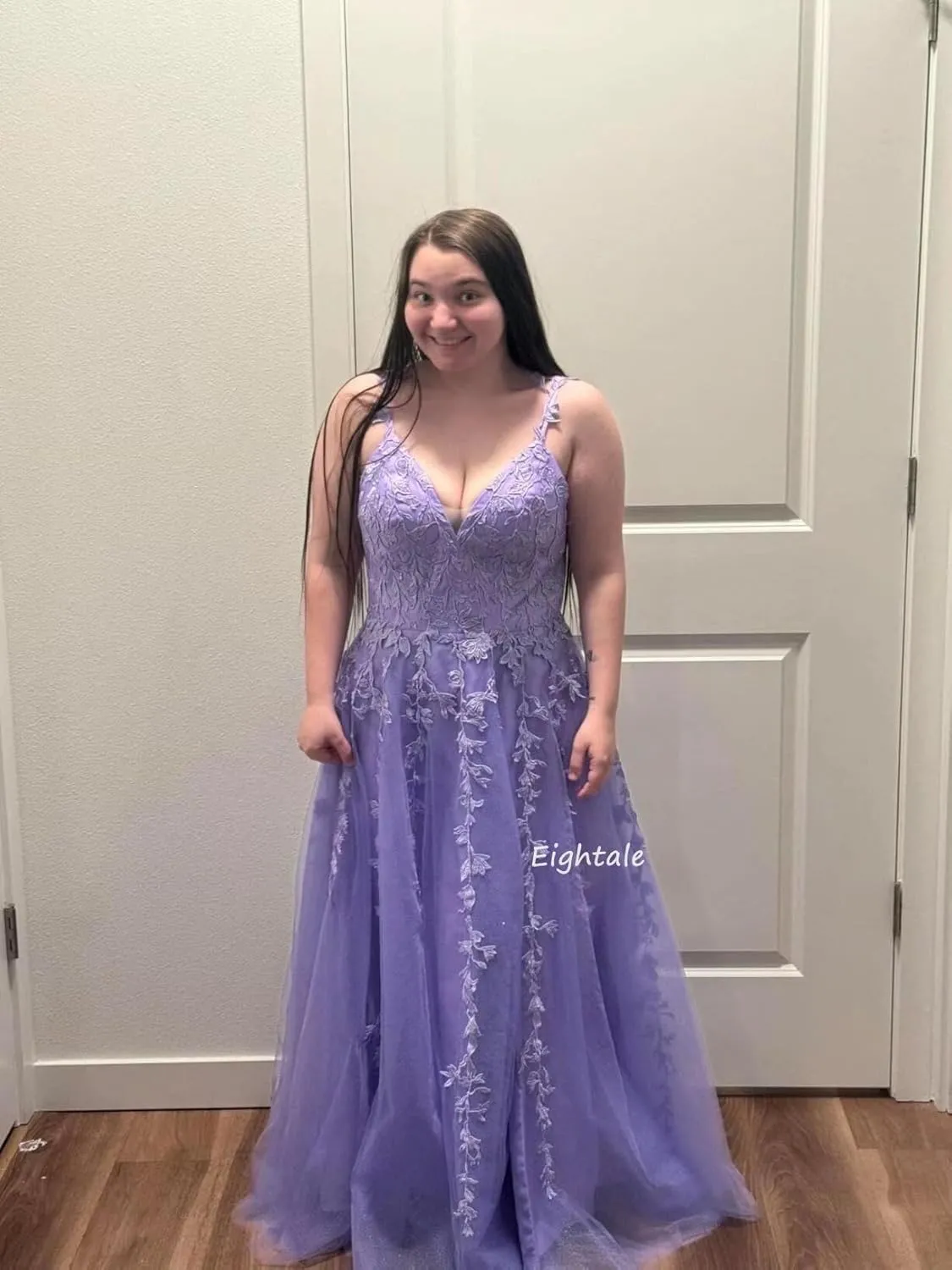 Eightale Tulle Lace Appliques Sparkly Prom Dresses A Line with Slit V Neck Formal Party Dress
