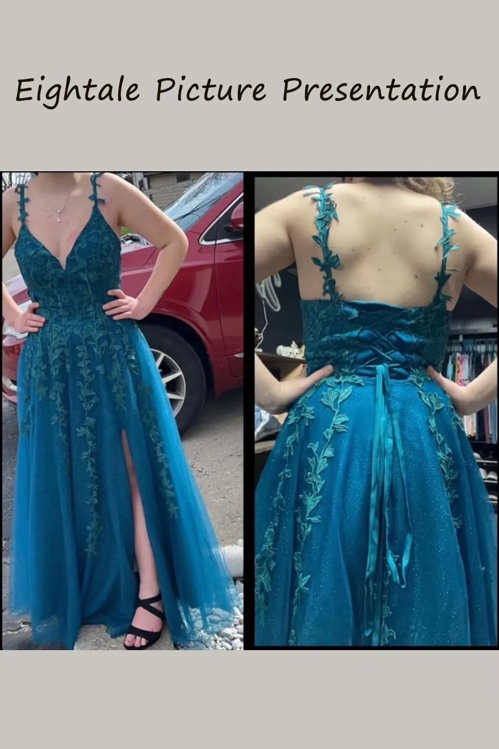 Eightale Tulle Lace Appliques Sparkly Prom Dresses A Line with Slit V Neck Formal Party Dress