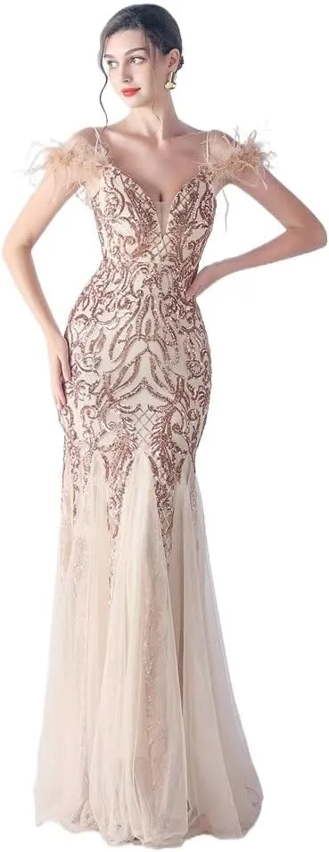 Elegant Pink Tulle Fishtail Skirt Spaghetti Strap V Neck Slim Evening Gowns Women's Sexy Off Shoulder Dresses
