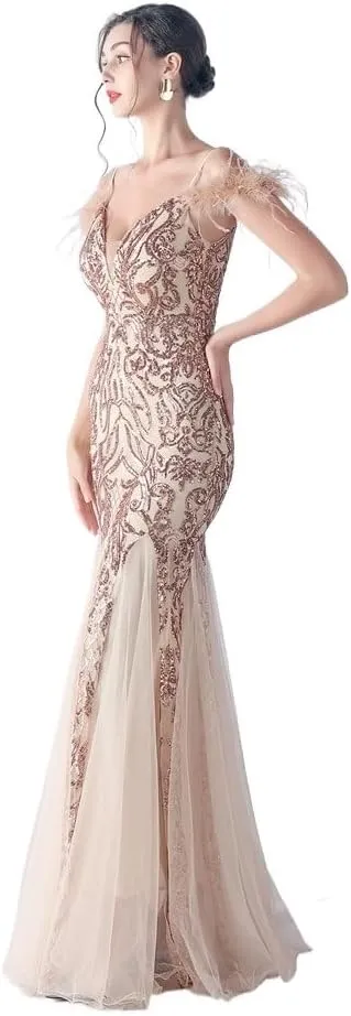 Elegant Pink Tulle Fishtail Skirt Spaghetti Strap V Neck Slim Evening Gowns Women's Sexy Off Shoulder Dresses