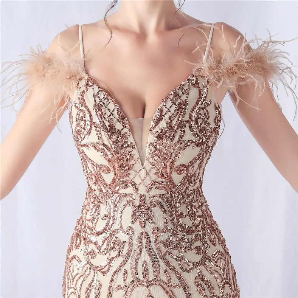 Elegant Pink Tulle Fishtail Skirt Spaghetti Strap V Neck Slim Evening Gowns Women's Sexy Off Shoulder Dresses