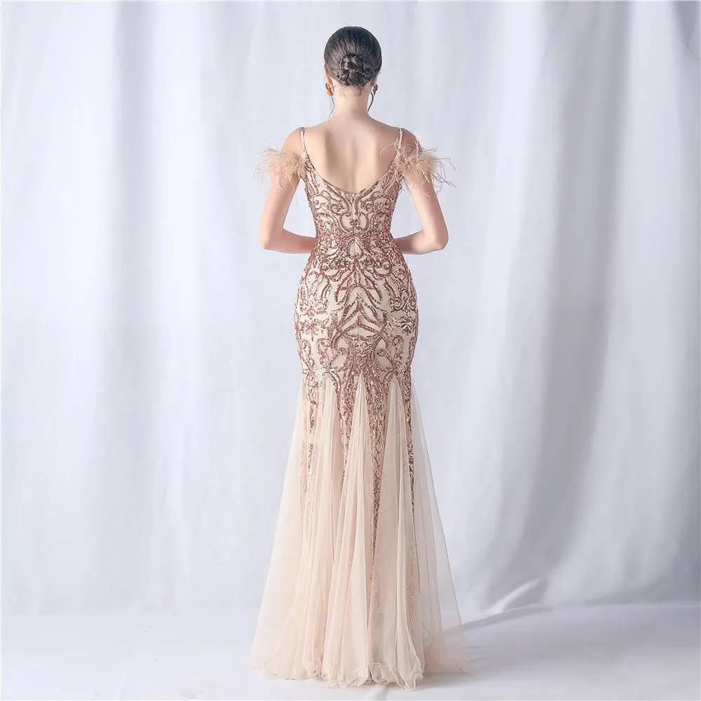Elegant Pink Tulle Fishtail Skirt Spaghetti Strap V Neck Slim Evening Gowns Women's Sexy Off Shoulder Dresses