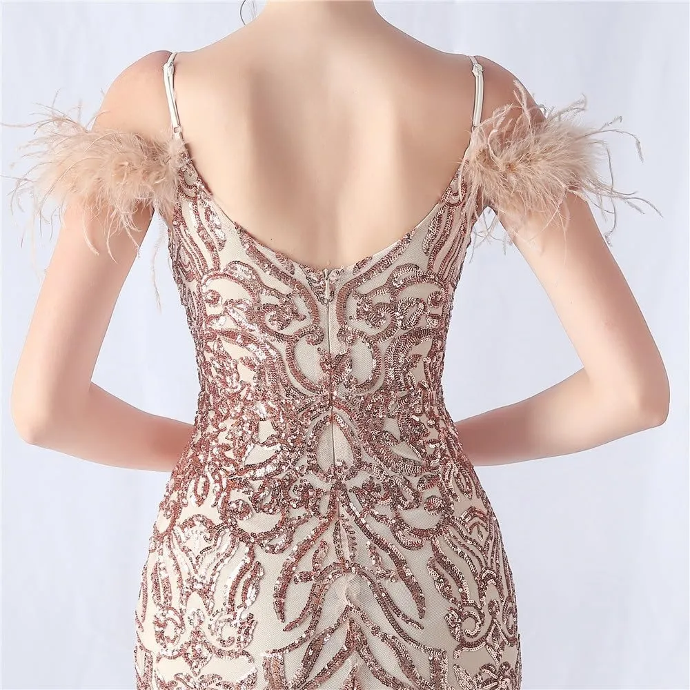 Elegant Pink Tulle Fishtail Skirt Spaghetti Strap V Neck Slim Evening Gowns Women's Sexy Off Shoulder Dresses