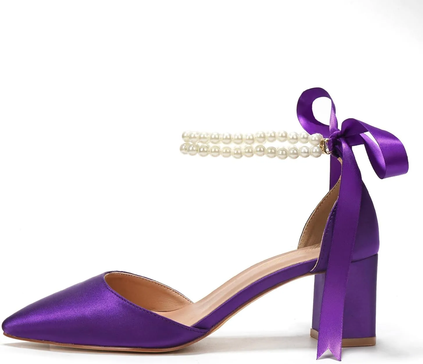 Elivandon J1585 Women's Satin Pointed Toe Mid-Heel Evening Sandals 2.36 inches Block Heel Bridal Party Wedding Pumps with Double Pearl Strap