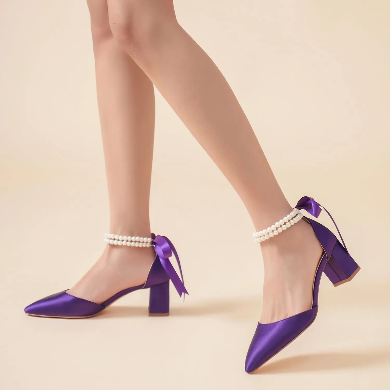 Elivandon J1585 Women's Satin Pointed Toe Mid-Heel Evening Sandals 2.36 inches Block Heel Bridal Party Wedding Pumps with Double Pearl Strap