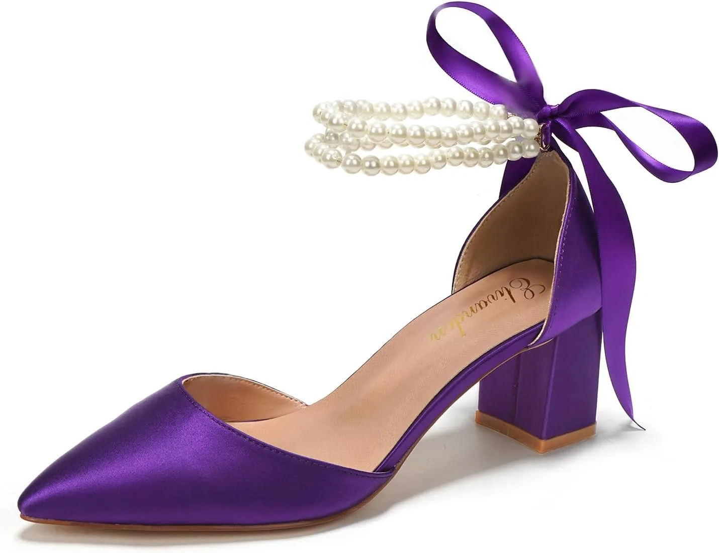 Elivandon J1585 Women's Satin Pointed Toe Mid-Heel Evening Sandals 2.36 inches Block Heel Bridal Party Wedding Pumps with Double Pearl Strap