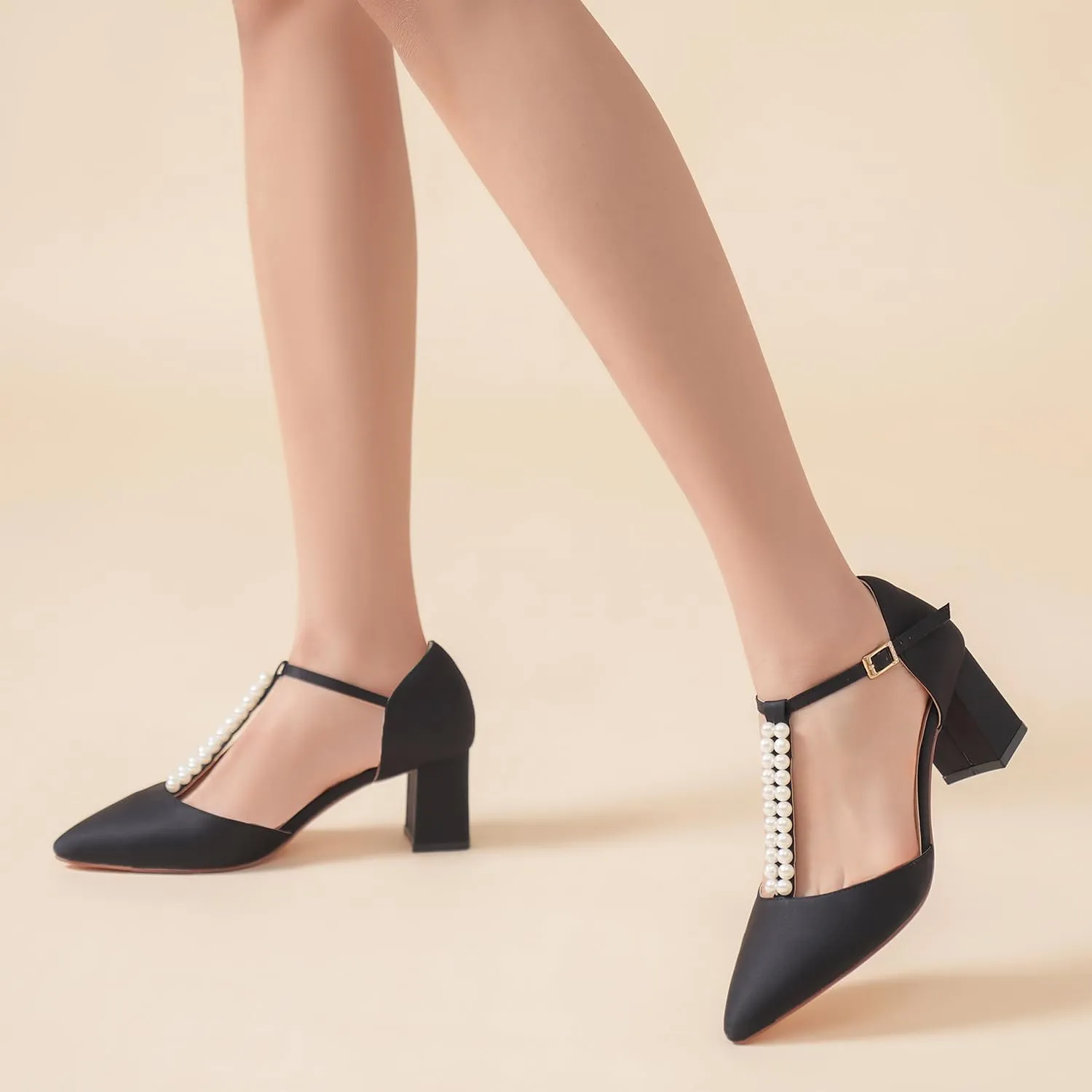 Elivandon J1587 Women's Satin Pointed Toe Mid-Heel Evening Sandals 2.36 inches Block Heel Bridal Party Wedding Pumps with Double Pearl T-Strap
