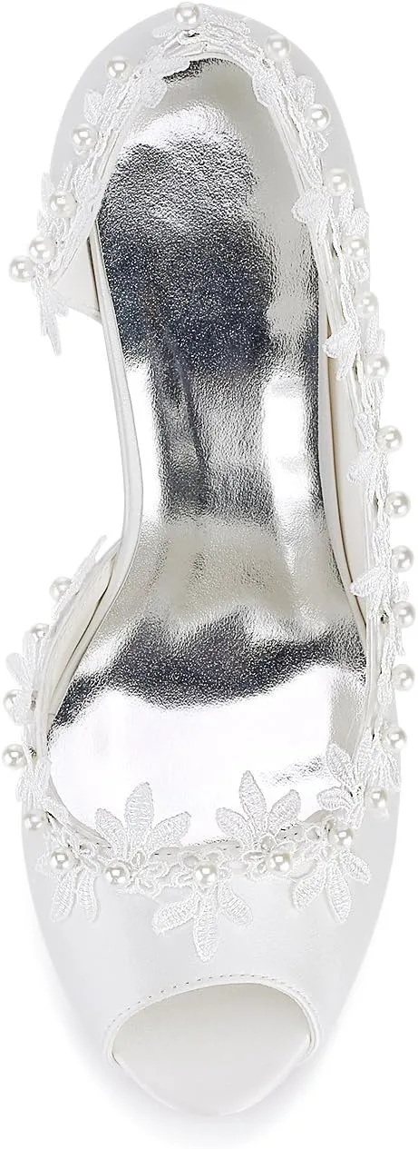 Emily Bridal Ivory Wedding Shoes Silk Peep Toe Lace Detail Bridal Shoes Women High Heels