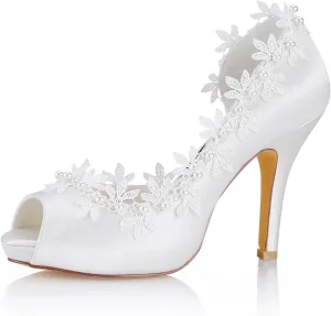 Emily Bridal Ivory Wedding Shoes Silk Peep Toe Lace Detail Bridal Shoes Women High Heels