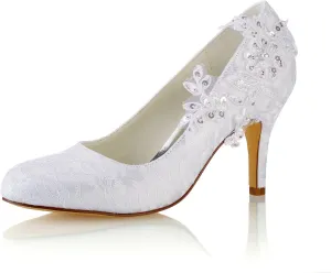 Emily Bridal Wedding Shoes Women's Silk Like Satin Stiletto Heel Pumps Stitching Lace Flower Crystal Pearl