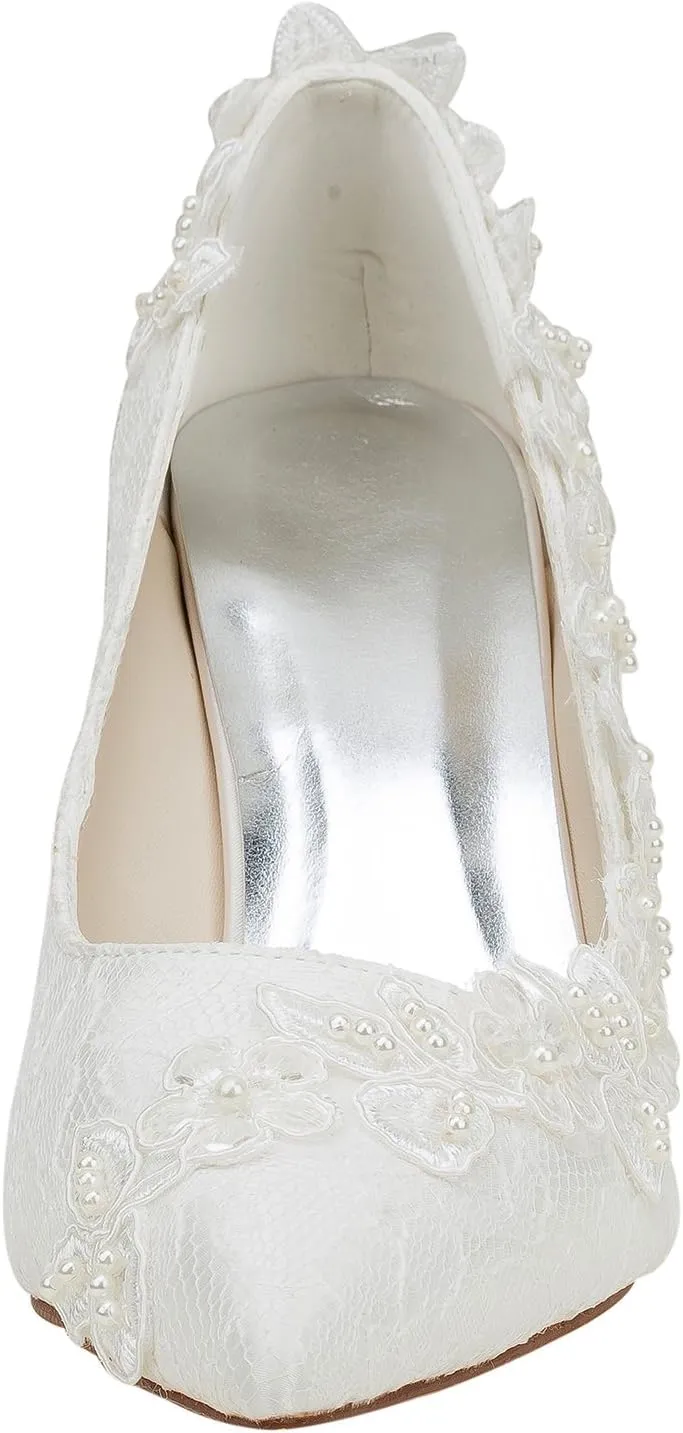 Emily Bridal Wedding Shoes Women's Silk Like Satin Stiletto Heel Pumps with Pearl