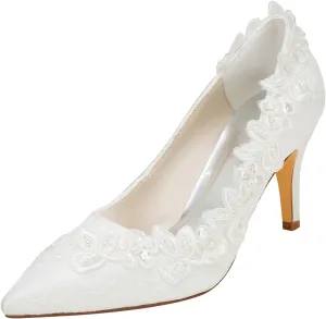 Emily Bridal Wedding Shoes Women's Silk Like Satin Stiletto Heel Pumps with Pearl