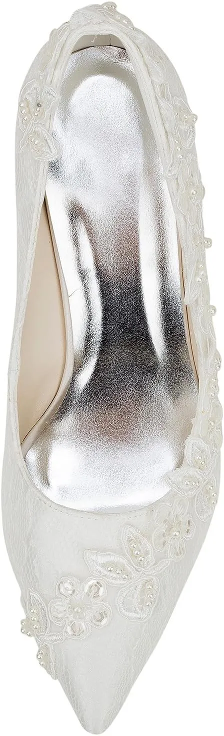 Emily Bridal Wedding Shoes Women's Silk Like Satin Stiletto Heel Pumps with Pearl