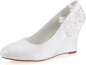 Emily Bridal Women's Silk Like Satin Wedge Heel Wedges Crystal