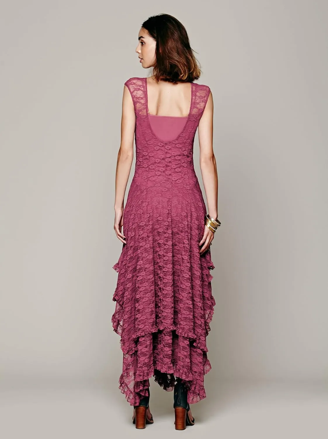 ENFUSO Womens Sleeveless Backless Asymmetrical Layered Lace Long Dress Party Reception Evening Dress