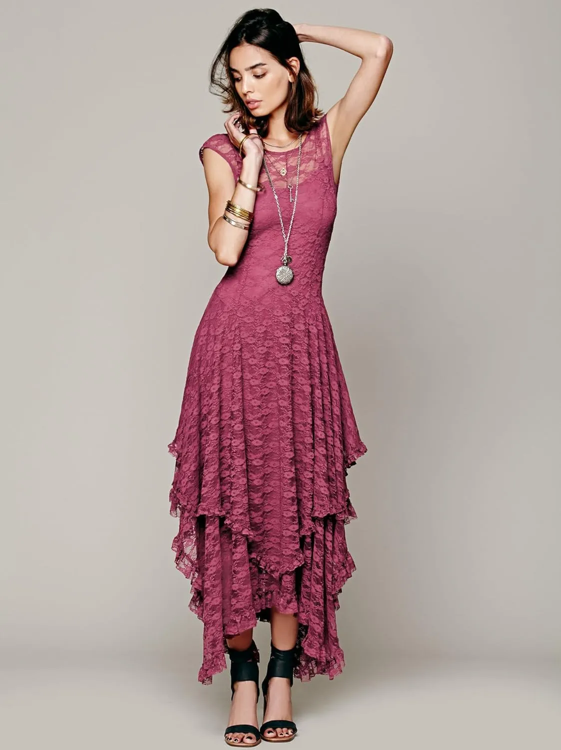ENFUSO Womens Sleeveless Backless Asymmetrical Layered Lace Long Dress Party Reception Evening Dress