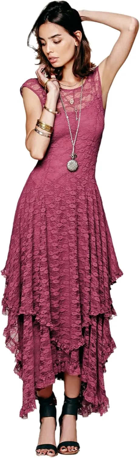 ENFUSO Womens Sleeveless Backless Asymmetrical Layered Lace Long Dress Party Reception Evening Dress