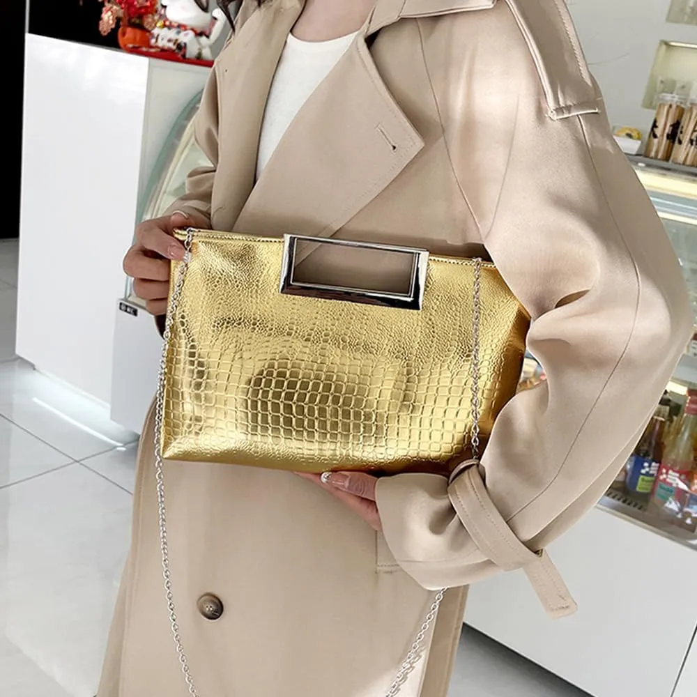 Entchin Clutch Purses for Women, Crocodile Pattern Vegan Leather Handbag, Detachable Chain Strap Crossbody Shoulder Bag