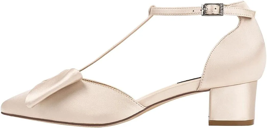 ERIJUNOR Bow Shoes Comfortable Chunky Low Heels for Women Pointy Toe T-Strap Evening Wedding Satin Shoes