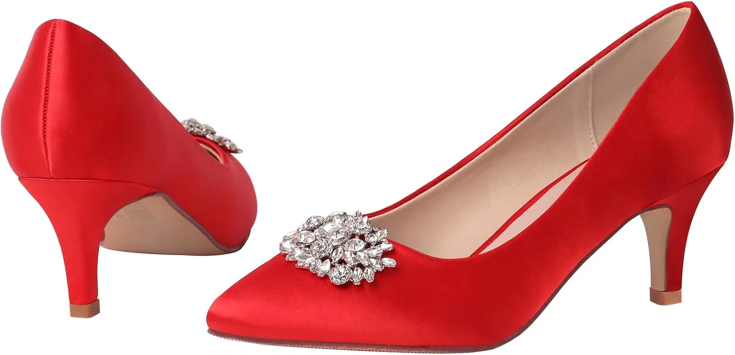ERIJUNOR E1492D Women Pumps Kitten Heel Lace Satin Brooch Evening Prom Wedding Shoes
