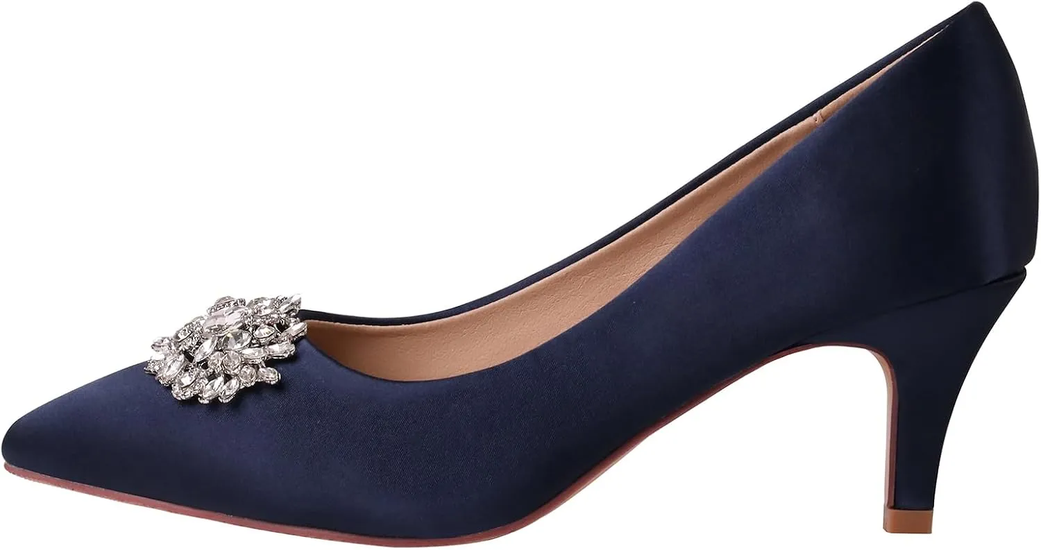 ERIJUNOR E1492D Women Pumps Kitten Heel Lace Satin Brooch Evening Prom Wedding Shoes