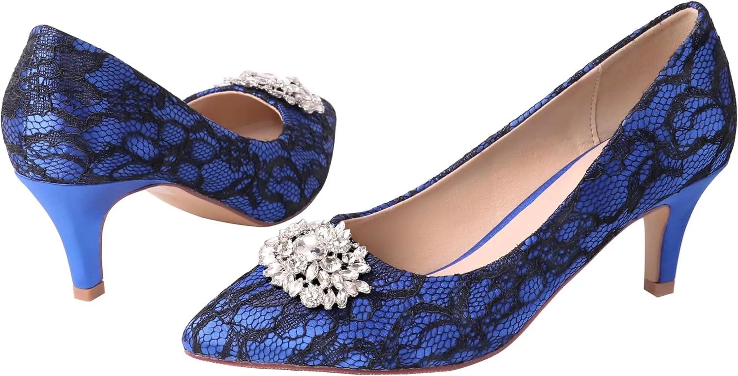 ERIJUNOR E1492D Women Pumps Kitten Heel Lace Satin Brooch Evening Prom Wedding Shoes