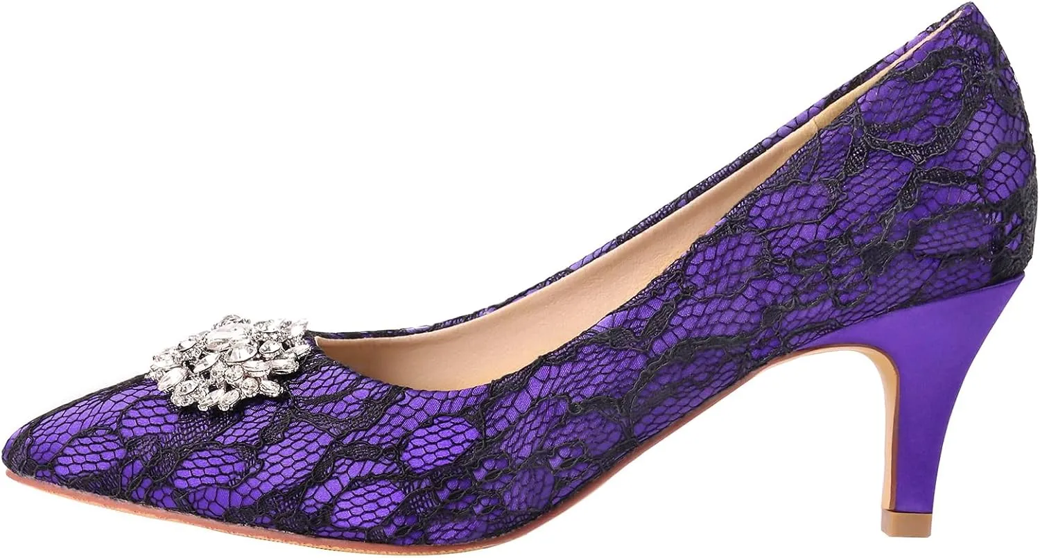 ERIJUNOR E1492D Women Pumps Kitten Heel Lace Satin Brooch Evening Prom Wedding Shoes