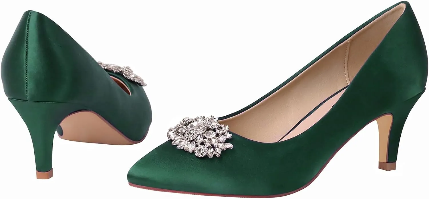 ERIJUNOR E1492D Women Pumps Kitten Heel Lace Satin Brooch Evening Prom Wedding Shoes