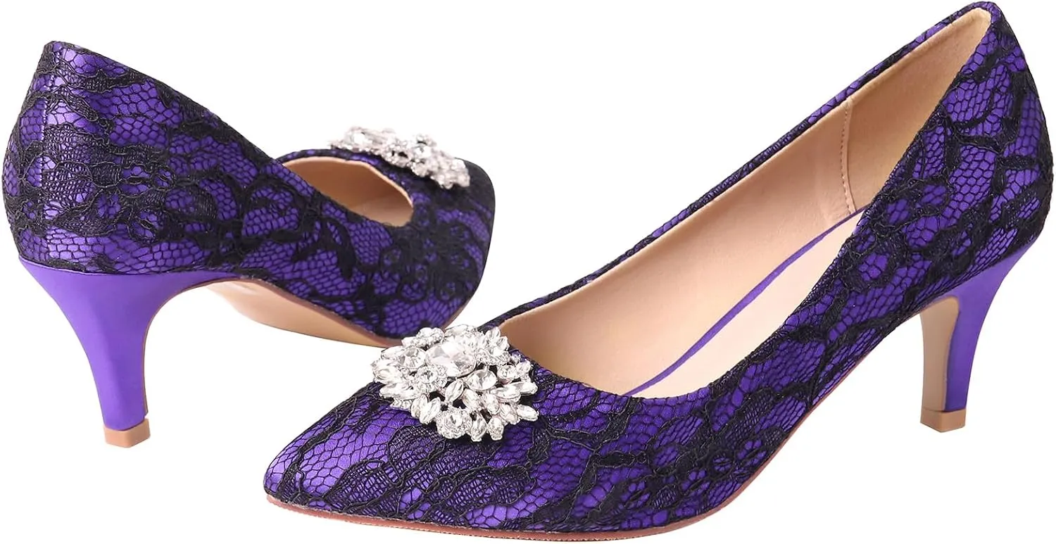 ERIJUNOR E1492D Women Pumps Kitten Heel Lace Satin Brooch Evening Prom Wedding Shoes