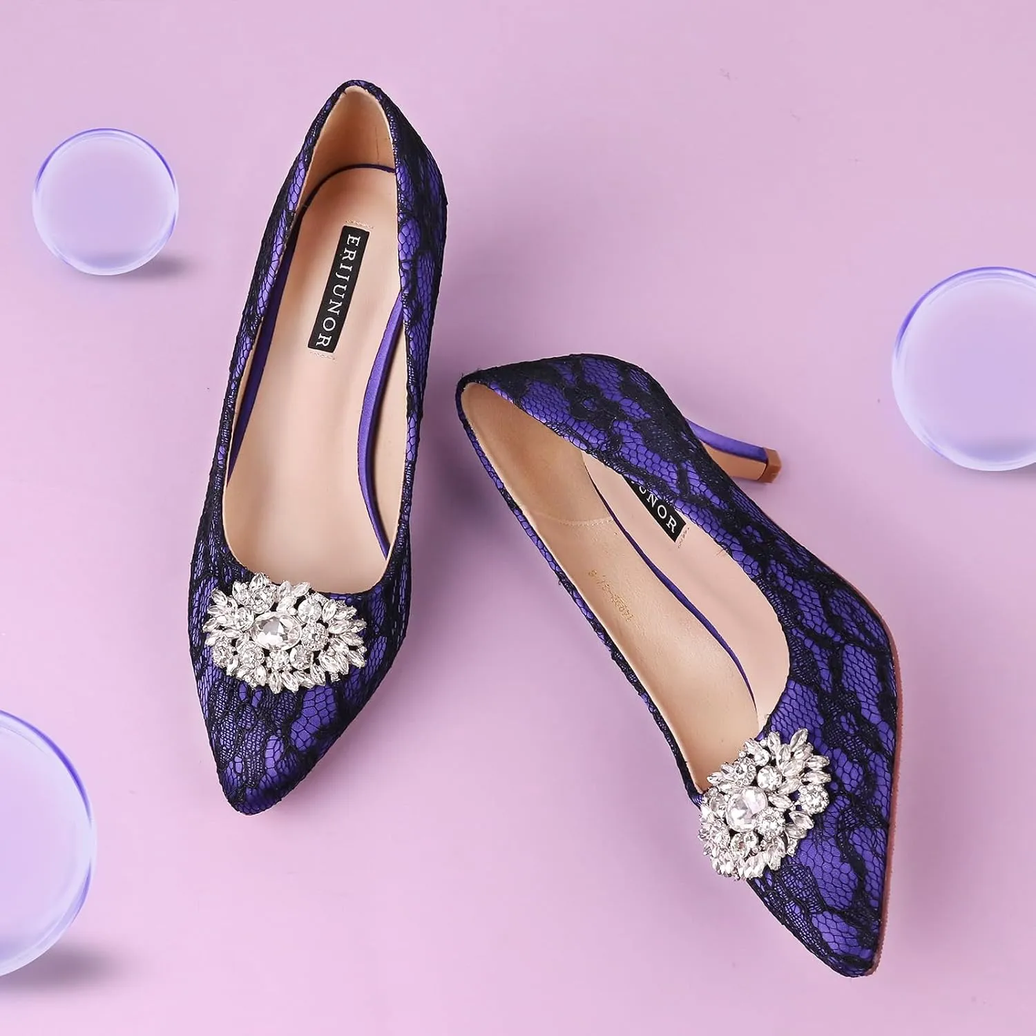 ERIJUNOR E1492D Women Pumps Kitten Heel Lace Satin Brooch Evening Prom Wedding Shoes