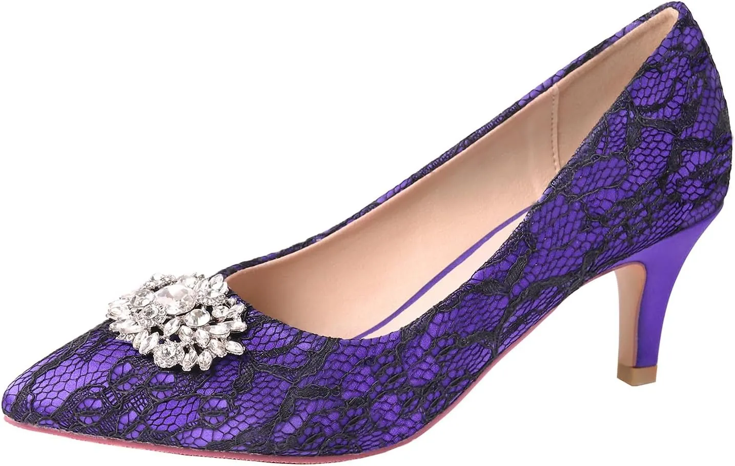 ERIJUNOR E1492D Women Pumps Kitten Heel Lace Satin Brooch Evening Prom Wedding Shoes