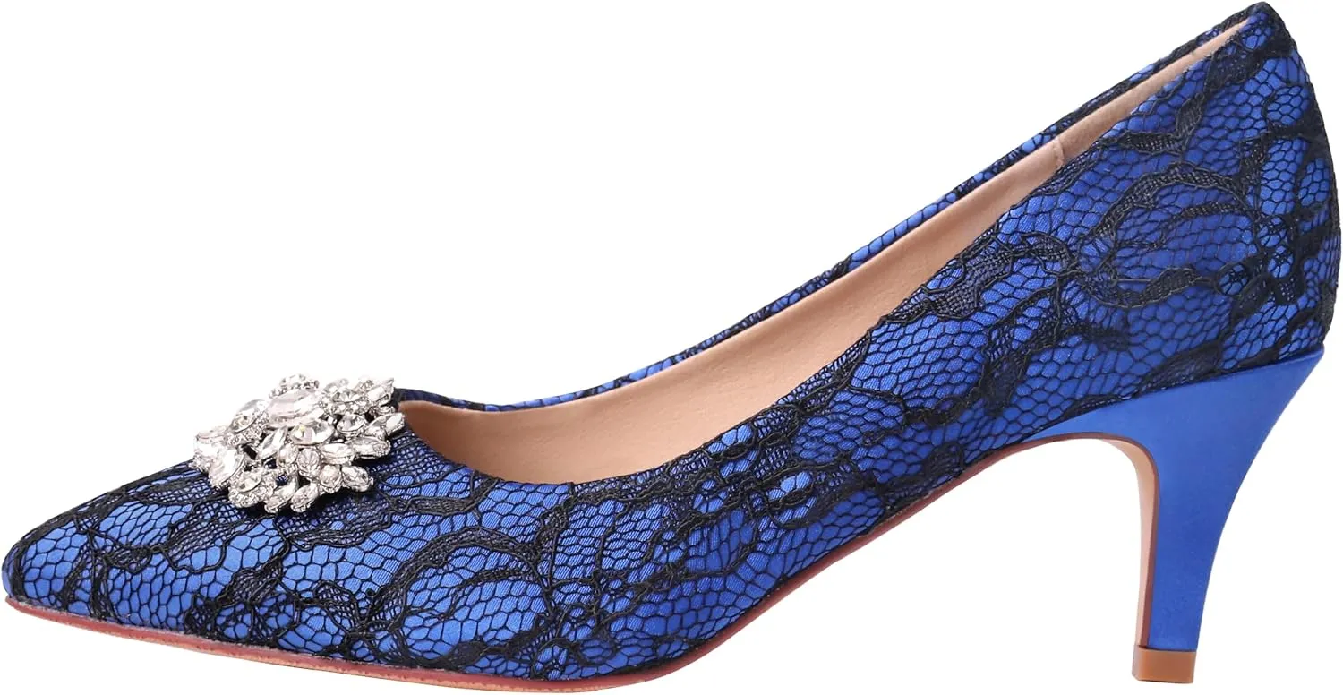 ERIJUNOR E1492D Women Pumps Kitten Heel Lace Satin Brooch Evening Prom Wedding Shoes