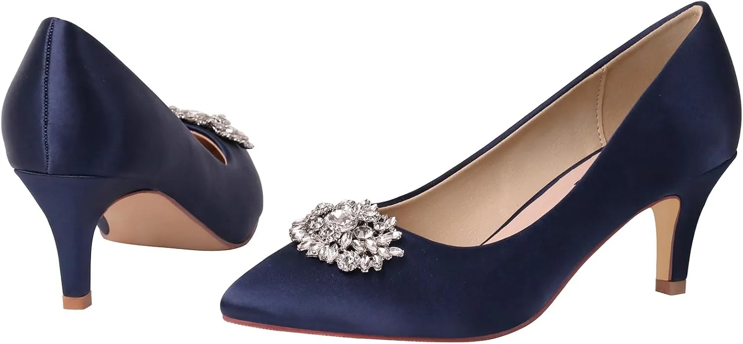 ERIJUNOR E1492D Women Pumps Kitten Heel Lace Satin Brooch Evening Prom Wedding Shoes