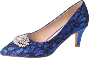 ERIJUNOR E1492D Women Pumps Kitten Heel Lace Satin Brooch Evening Prom Wedding Shoes