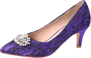 ERIJUNOR E1492D Women Pumps Kitten Heel Lace Satin Brooch Evening Prom Wedding Shoes