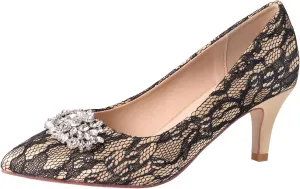 ERIJUNOR E1492D Women Pumps Kitten Heel Lace Satin Brooch Evening Prom Wedding Shoes