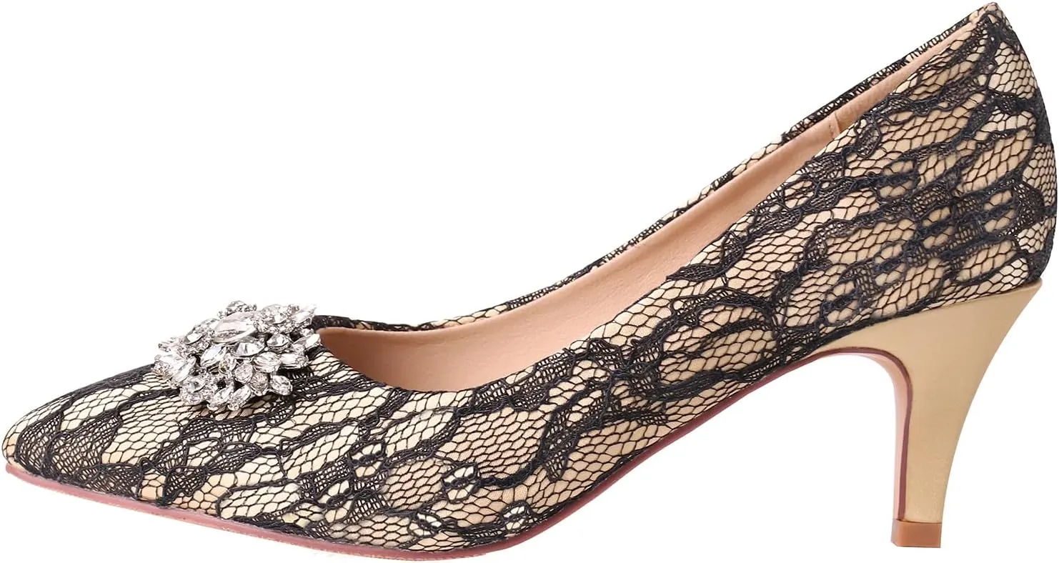 ERIJUNOR E1492D Women Pumps Kitten Heel Lace Satin Brooch Evening Prom Wedding Shoes