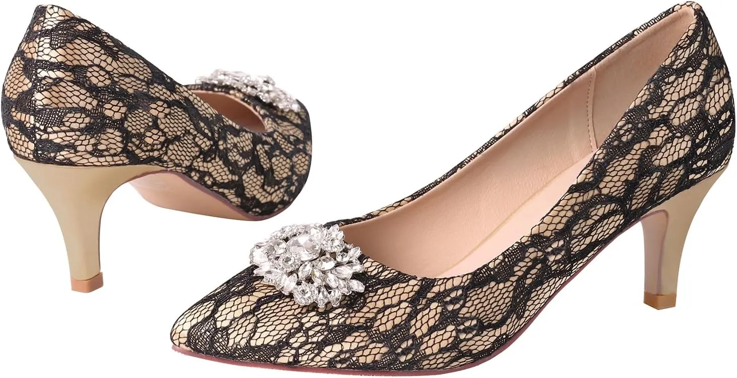 ERIJUNOR E1492D Women Pumps Kitten Heel Lace Satin Brooch Evening Prom Wedding Shoes