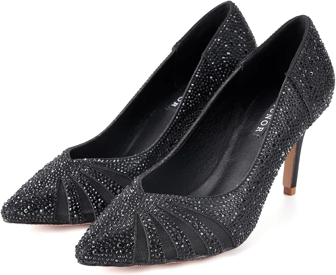 ERIJUNOR E2406 Women Pumps Comfortable Mid Heel Sparkly Rhinestone mesh Evening Prom Wedding Shoes