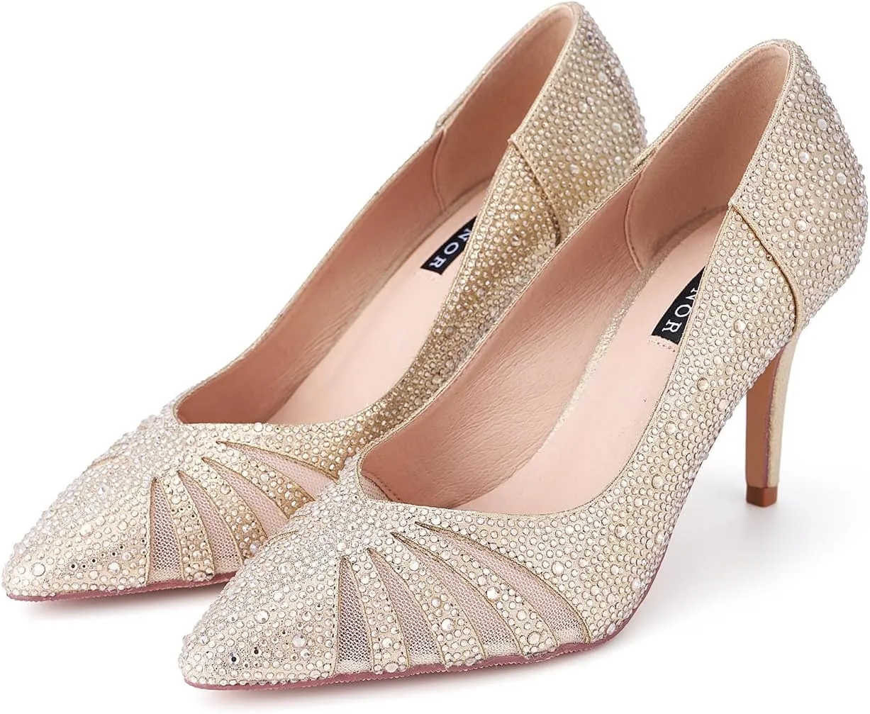 ERIJUNOR E2406 Women Pumps Comfortable Mid Heel Sparkly Rhinestone mesh Evening Prom Wedding Shoes