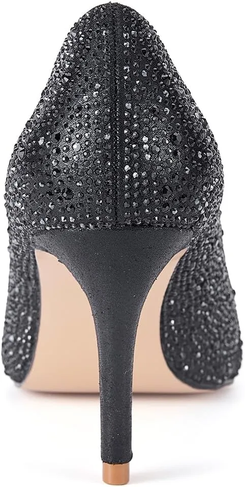 ERIJUNOR E2406 Women Pumps Comfortable Mid Heel Sparkly Rhinestone mesh Evening Prom Wedding Shoes