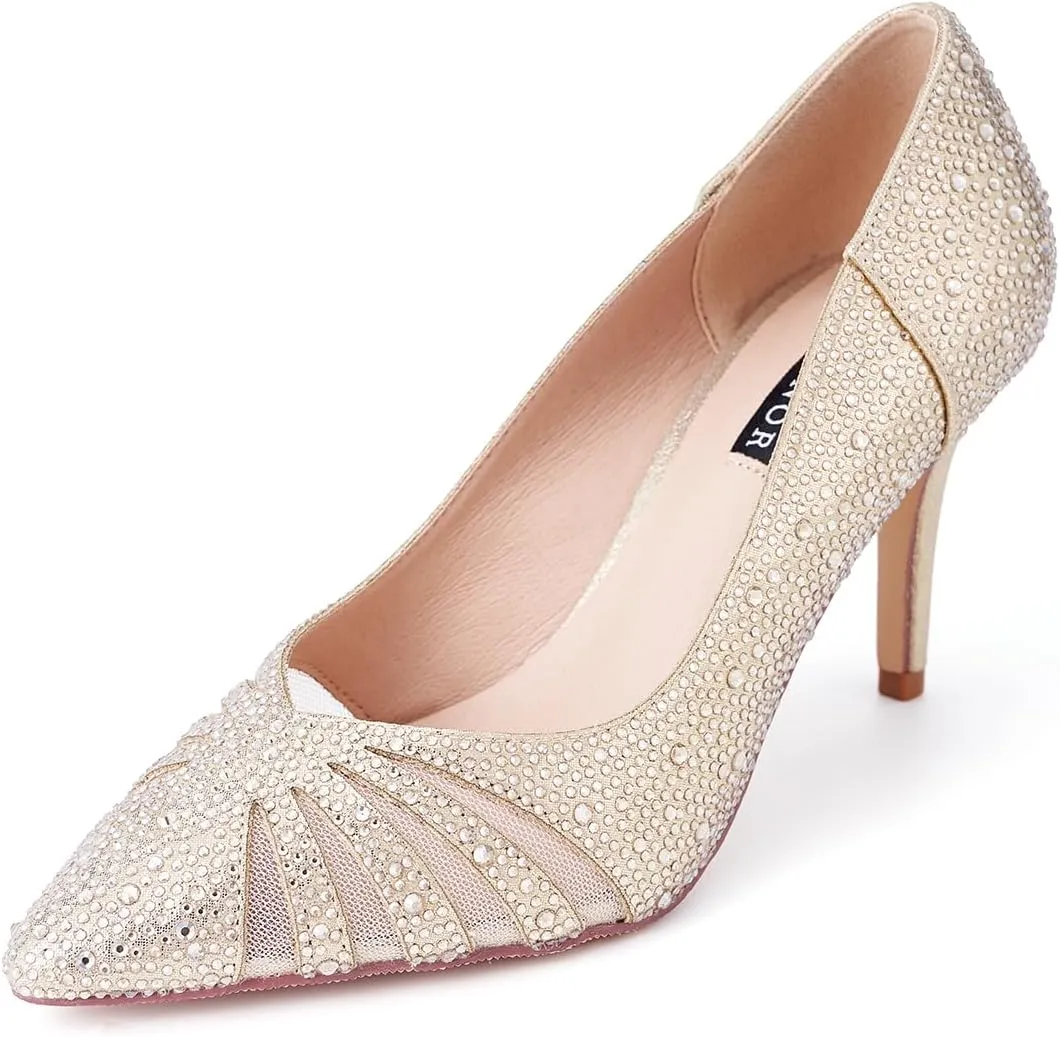 ERIJUNOR E2406 Women Pumps Comfortable Mid Heel Sparkly Rhinestone mesh Evening Prom Wedding Shoes