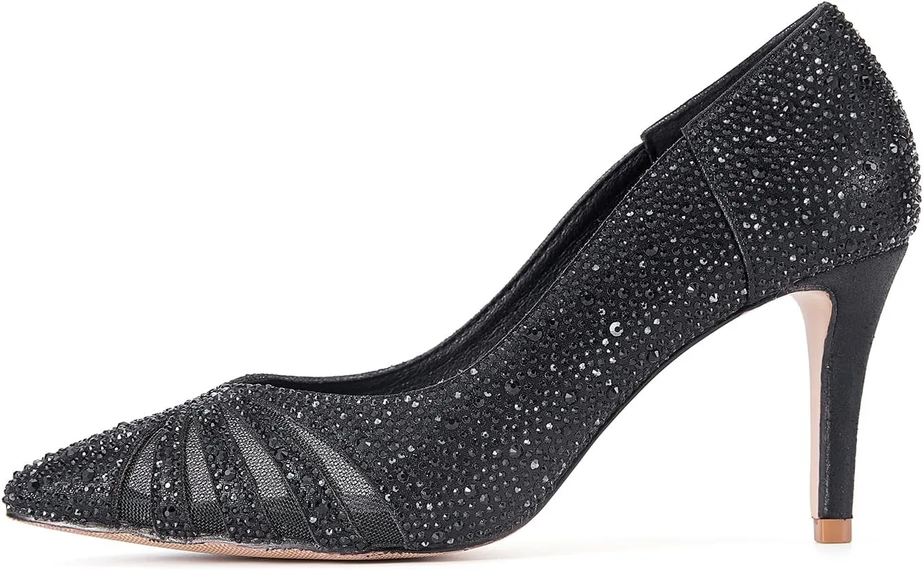 ERIJUNOR E2406 Women Pumps Comfortable Mid Heel Sparkly Rhinestone mesh Evening Prom Wedding Shoes