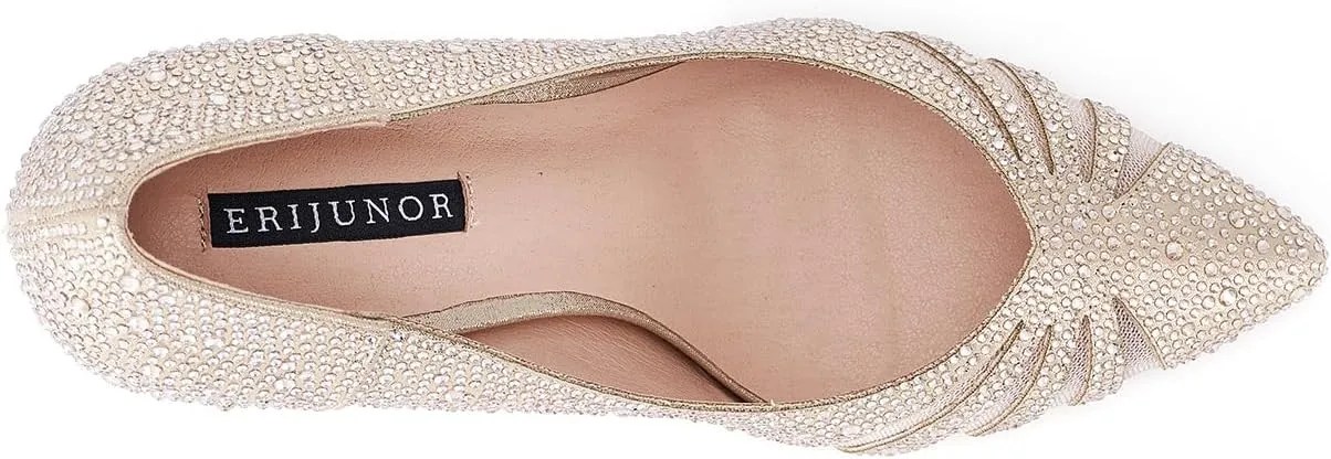 ERIJUNOR E2406 Women Pumps Comfortable Mid Heel Sparkly Rhinestone mesh Evening Prom Wedding Shoes